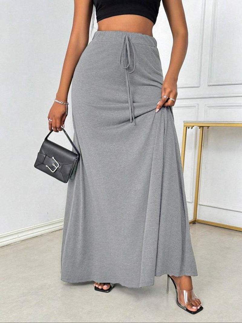 Plus Size Elegant A-Line Skirt with Drawstring Waist - Stylish Casual Long Skirt for All Seasons